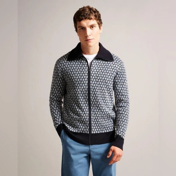 Ted Baker Mens Teeflow Geometric T Print Zipped Knit Cardigan Sweater  4=L - Picture 1 of 10